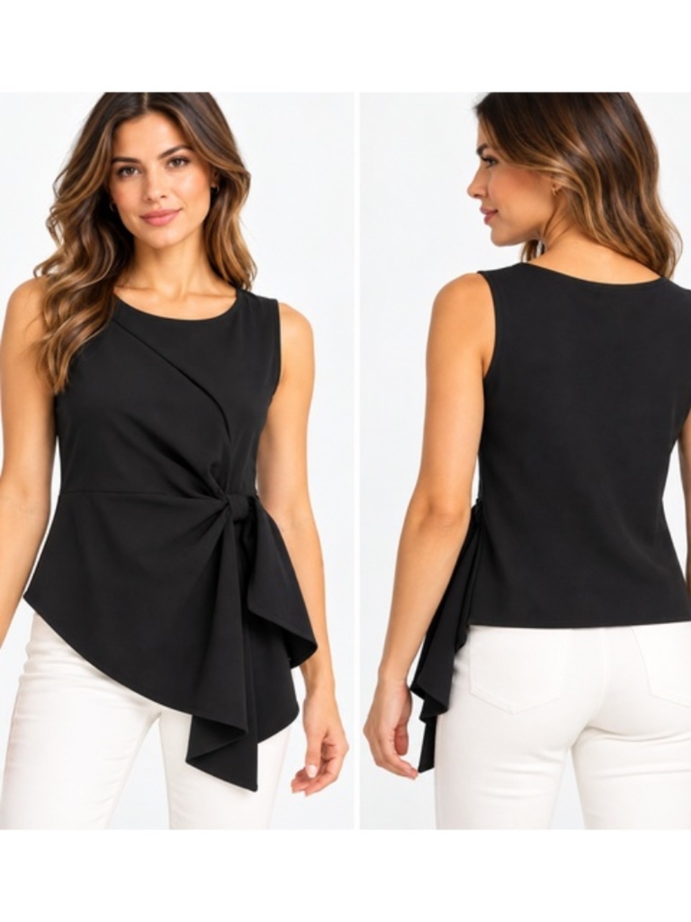 Patrizia Luca Black Asymmetrical Ruffle Zip Sleeveless Blouse Top